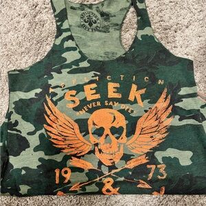 Affliction Green Camo Tank with Orange Graphic